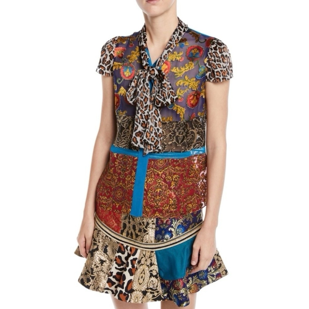 Alice + Olivia Eriko Patchwork Flounce-Hem Skirt & Jeannie Tie Neck Blouse Set - Picture 2 of 16